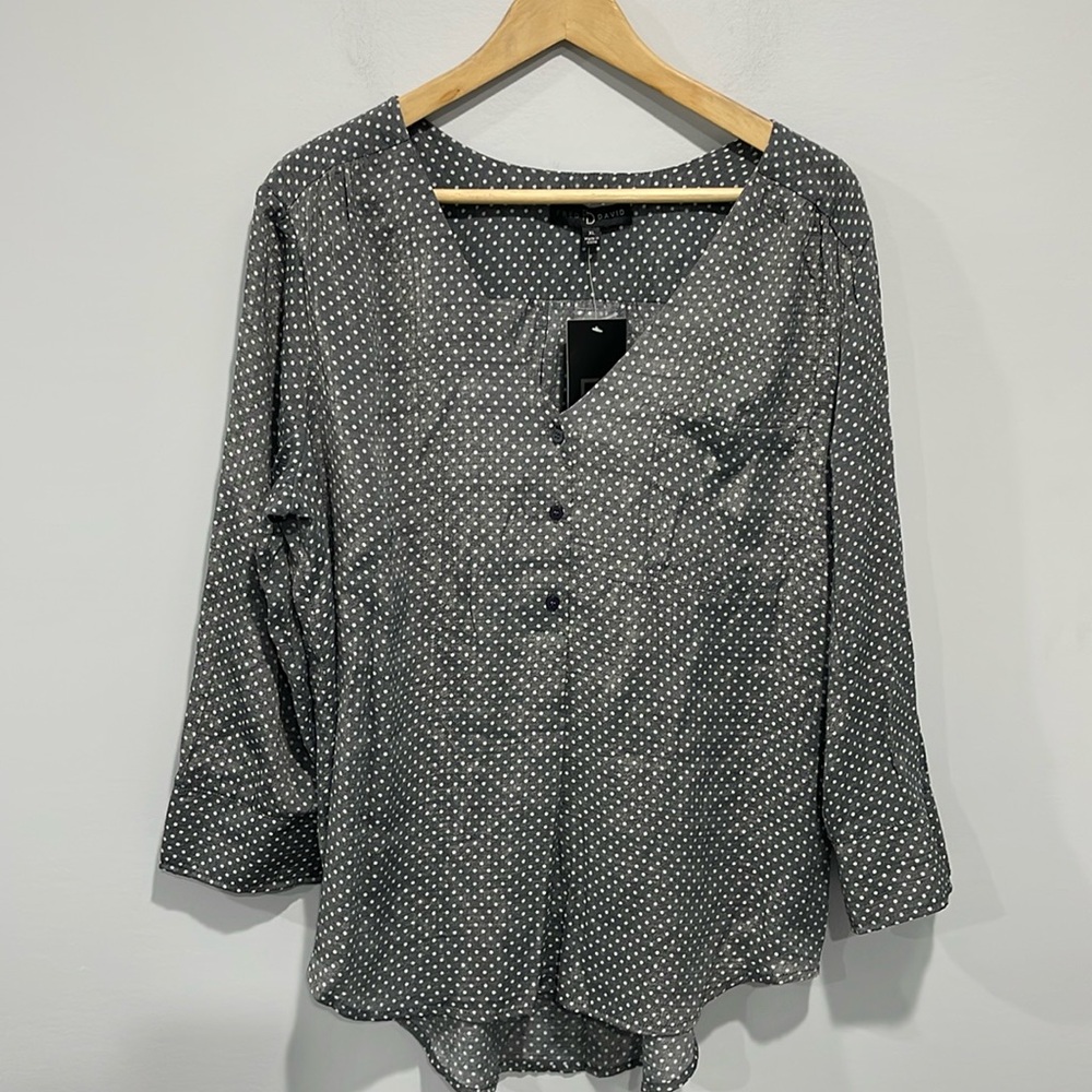 Fred David blouse top size XL gray white polka dot high Low style NEW